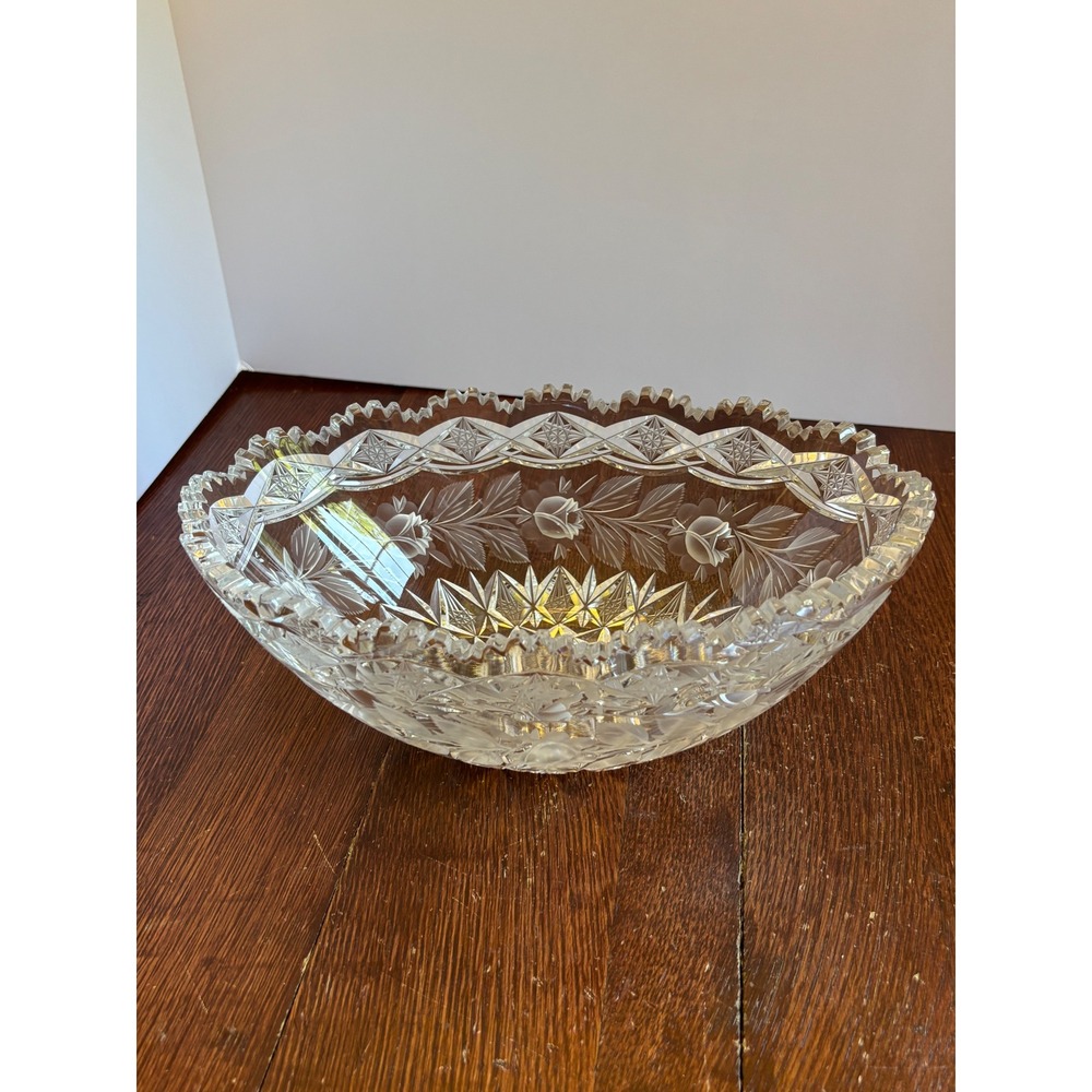 Vintage Heavy Cut Lead Crystal Oval Bowl Frosted Etched Rose Scalloped Rim 11.5"